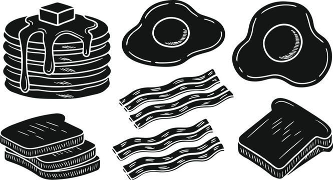 Breakfast food silhouette icon set featuring a stack of pancakes fried eggs bacon strips and toasted bread