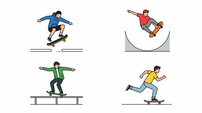 Illustrations of skateboarders performing various tricks like ollie, half-pipe, rail grind, and casual riding.