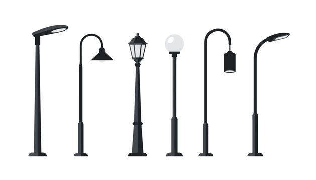Collection of street lamp vector illustrations, modern and classic styles, transparent background.