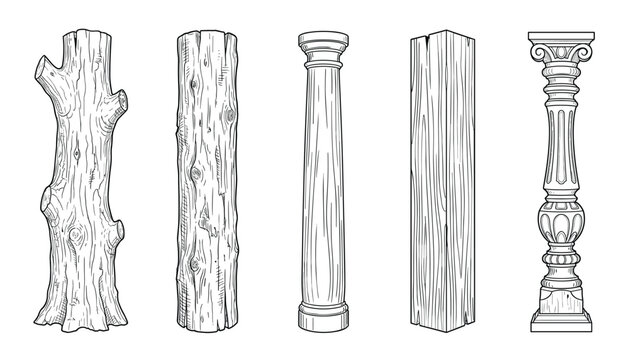 Set of architectural elements including wooden logs and stone columns from different eras on transparent background vector.