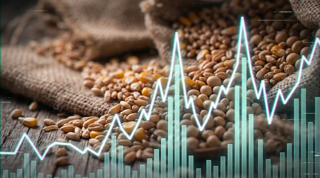Financial growth chart over grain sacks with wheat corn and soybeans. Agricultural commodity trading market and food price inflation graph. Global agribusiness economy and investing.