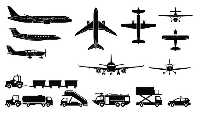 Set of various airplanes and airport vehicles on transparent background, vector illustration.