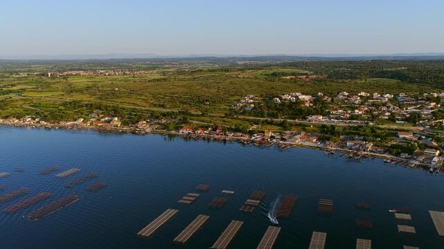 Aerial view of the Thau lagoon from Balaruc, Occitania, France