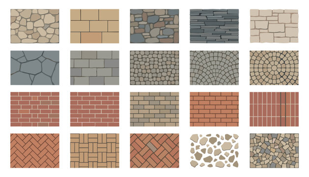 Stone masonry and brick wall texture set for landscape design including flagstone pavers cobblestone and decorative rock patterns for pathways.