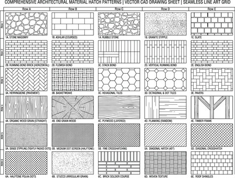 Comprehensive architectural material hatch patterns on vector cad drawing sheet featuring stone masonry ashlar slate brick and wood grain styles.