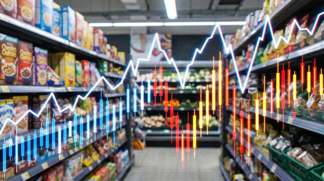 Grocery store shelf with stock market financial graph and retail sales candlestick chart overlay. Concept of supermarket price inflation, food economy index and consumer commerce trends.