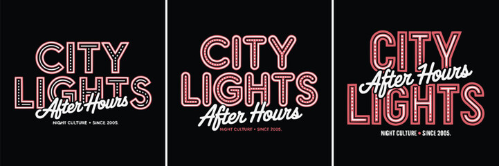 Neon city lights text designs for modern apparel and graphic projects © Vectyx