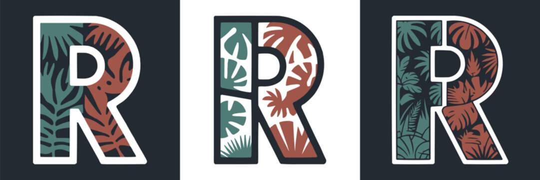 Decorative letter r featuring lush tropical foliage and botanical patterns