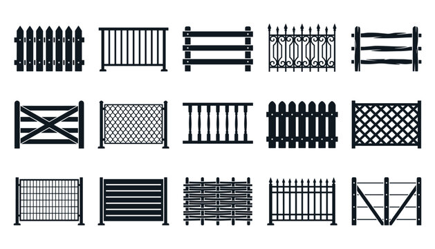 Collection of fence types vector illustrations including wooden wrought iron chain link vinyl gabion split rail aluminum barbed wire fences.