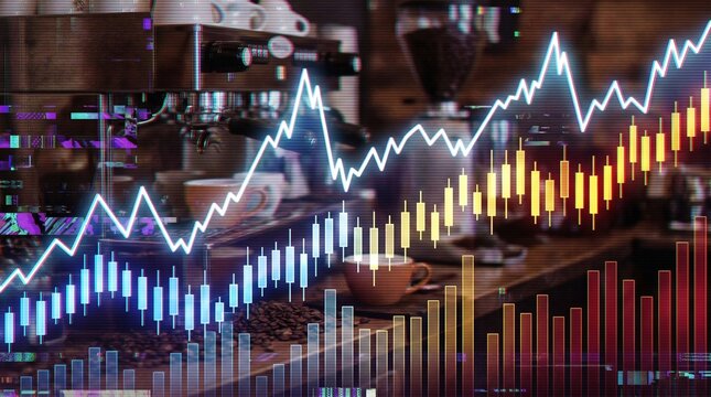 Espresso coffee machine in cafe with glowing stock market candlestick data chart overlay. Coffee shop business revenue growth trends. Cafe industry finance concept.