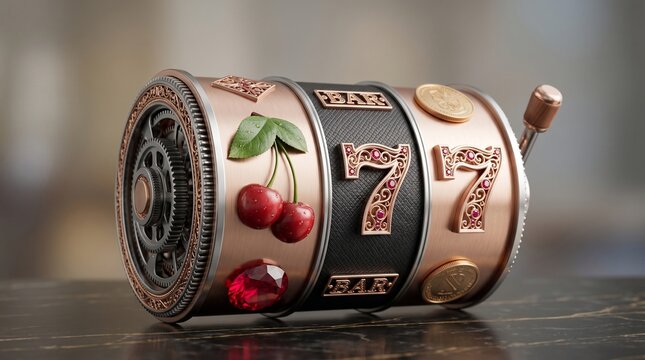 Luxury slot machine with cherries and 7s on marble surface for casino gaming