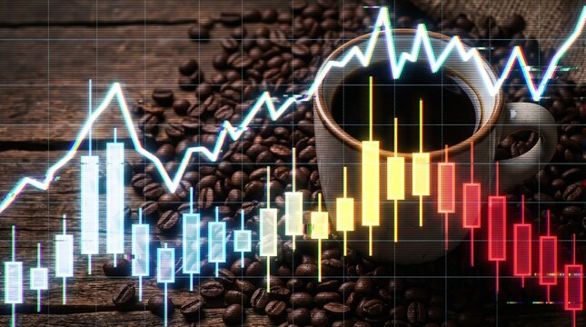 Dark roasted coffee beans background with white ceramic cup and vibrant financial candlestick trading chart representing global soft commodity market index