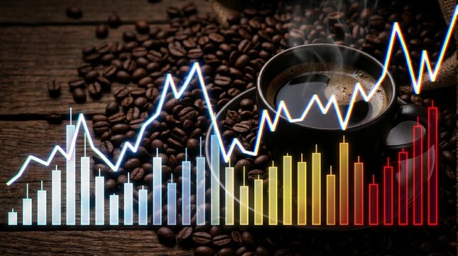 Coffee beans market price analysis with financial trading chart and espresso cup background concept of global commodity trade inflation investment growth beverage industry export
