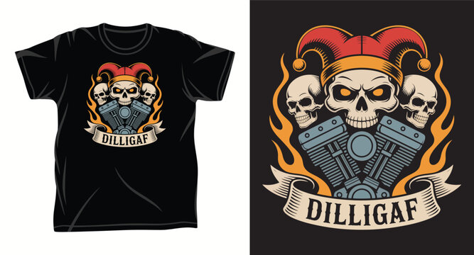Motorcycle biker skull with jester hat and engine cylinders dilligaf design.