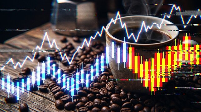 Hot coffee cup and beans with glowing stock market candlestick data chart overlay. Global coffee commodity trading price growth concept. Cafe business finance trends.