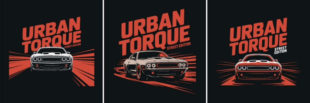 Three graphic designs featuring muscle cars with stylized urban text lettering
