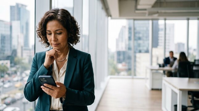 Thoughtful mature hispanic business woman manager looking at smartphone in modern office. Serious female corporate executive checking phone near panoramic window.