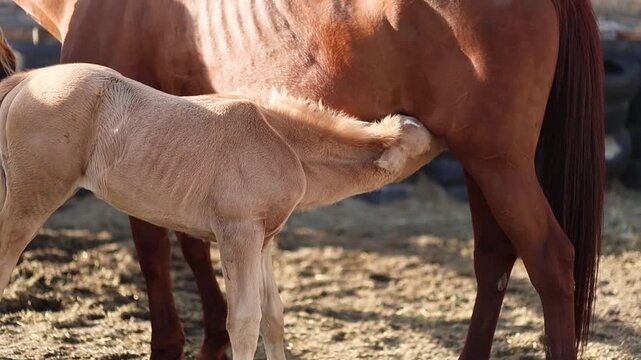A cute newborn foal drinks its mother's milk