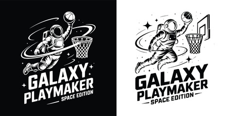 Astronaut playing basketball in deep space with a cosmic hoop © Vectyx