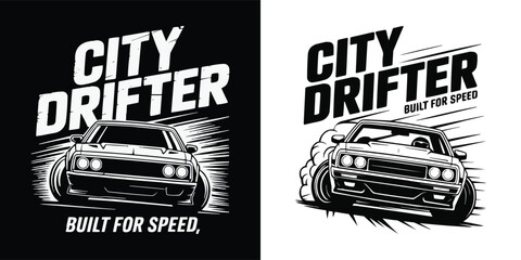 Graphic illustration of a fast sports car drifting on road © Vectyx