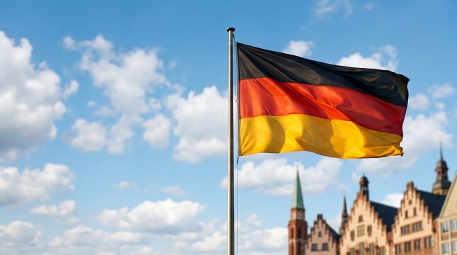 German flag waving on flagpole with Frankfurt Rmer buildings and blue cloudy sky background