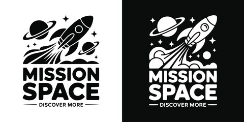 Monochrome rocket ship flying through space with planets and stars © Vectyx