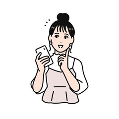 Naklejka na ściany i meble 笑顔でスマートフォンを持つまとめ髪の若い女性のシンプルなベクターイラスト素材