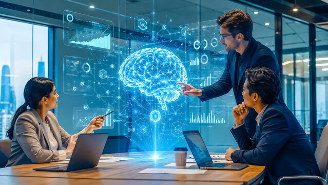 Futuristic Brainstorming Session: A team collaborates in a modern boardroom, interacting with a holographic display of a human brain, symbolizing innovation and advanced technology.