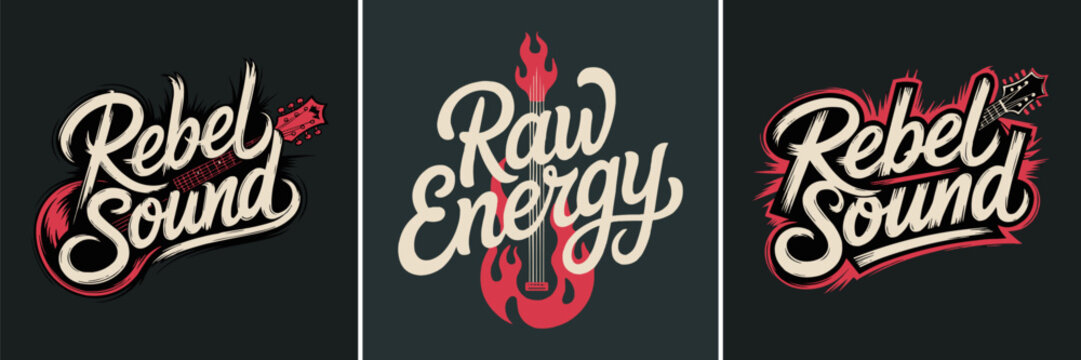 Artistic music typography designs featuring bold rock and roll style lettering