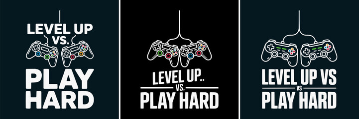 Three creative gaming designs featuring controllers and motivational text phrases © Vectyx