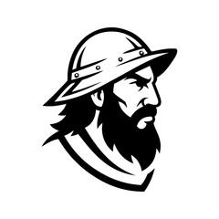 Logo conquistador español. Icono con dibujo sencillo de la cabeza de un guerrero español con casco morrión visto de perfil  © teracreonte