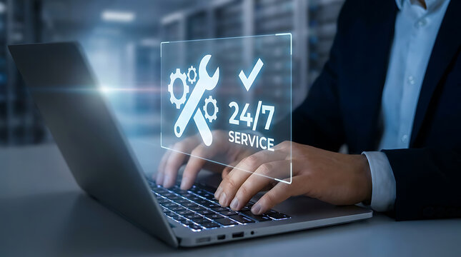 Professional technician using a laptop to provide 24/7 technical support and maintenance service with digital interface