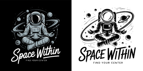 Meditating astronaut floating in space with planets and stars surrounding him © Vectyx