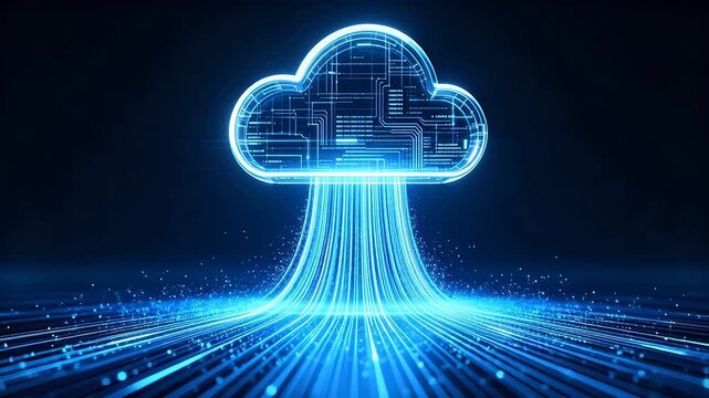 Digital cloud computing structure with circuit board texture and blue data streams