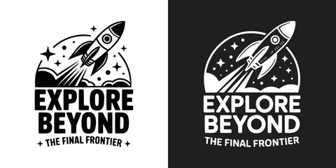 Rocket ship flying into space with bold explore beyond text © Vectyx