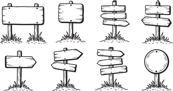 Hand drawn wooden signpost collection, rustic wood directional signs in grass, 8 vintage timber road indicators, sketch style billboard vector