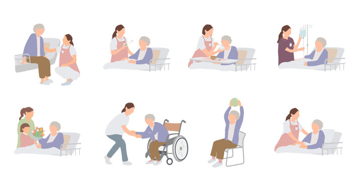 高齢者ケアと生活支援の女性スタッフイラストセット