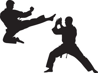 Martial arts silhouette of karate fighters, black vector illustration of men in combat poses, taekwondo athletes sparring in dojo uniform © Nayeem