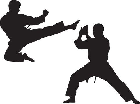 Martial arts silhouette of karate fighters, black vector illustration of men in combat poses, taekwondo athletes sparring in dojo uniform
