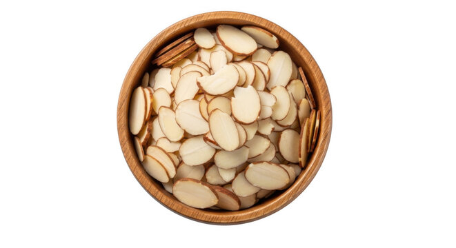 View of a wooden bowl filled with thin, sliced raw almonds isolated on a solid black background, showing texture and organic shapes