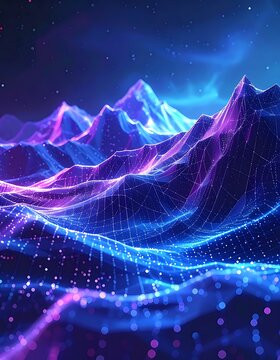 Digital Mountain Range with Glowing Lines.