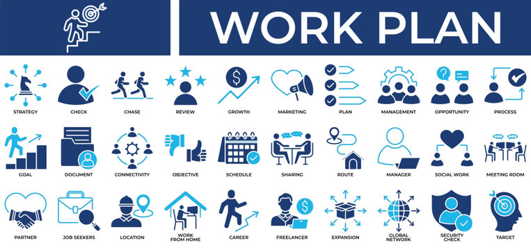Work Plan icon set collection. Containing partner, connectivity, review, sharing, inspection, opportunity, decision .Solid vector icons collection
