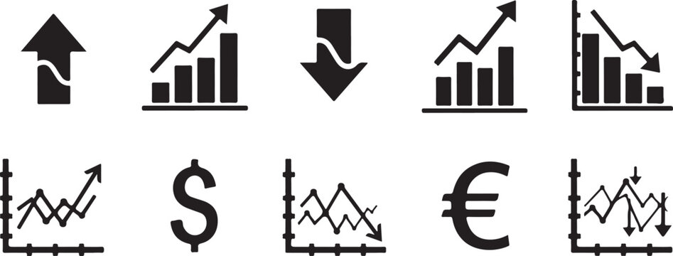 Financial data icons set, business growth and market crash charts, black vector currency symbols and stock market trend graphs for reports