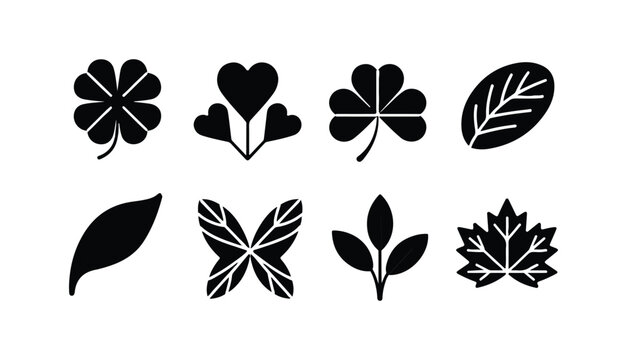 Decorative leaf icons set featuring clover and maple shapes for botanical pattern creations.