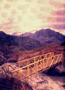 Sondrio, Lombardy, Italy, Europe: graphic reworking in burned negative style of an iron bridge on the creek along the path to the Fellaria glacier in Valmalenco
