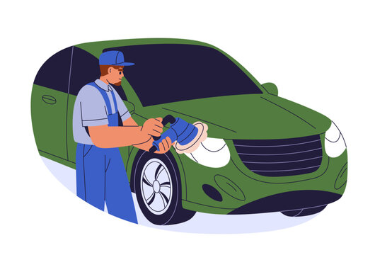 Car detailing worker polishing auto vehicle headlight with electric buffer tool. Repairing, restoring, buffing automobile with paint polisher. Flat vector illustration isolated on white background