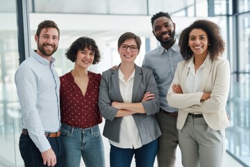 Obraz premium The team of diverse professionals smiling confidently in a modern office environment