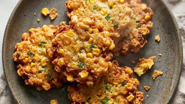 Delicious golden corn fritters topped with green onions, served on a rustic plate against a soft background. Crispy textures and vibrant colors evoke a warm, satisfying ambiance