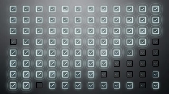 An abstract visualization of checkboxes with illuminated selections on a dark background, creating a modern, digital atmosphere