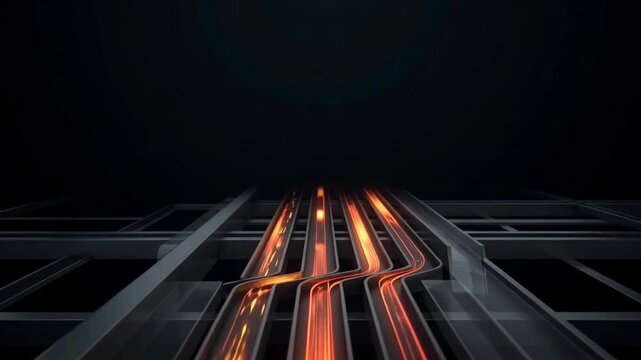 Dynamic motion of glowing lines representing speed and energy within an abstract structure in dark atmosphere